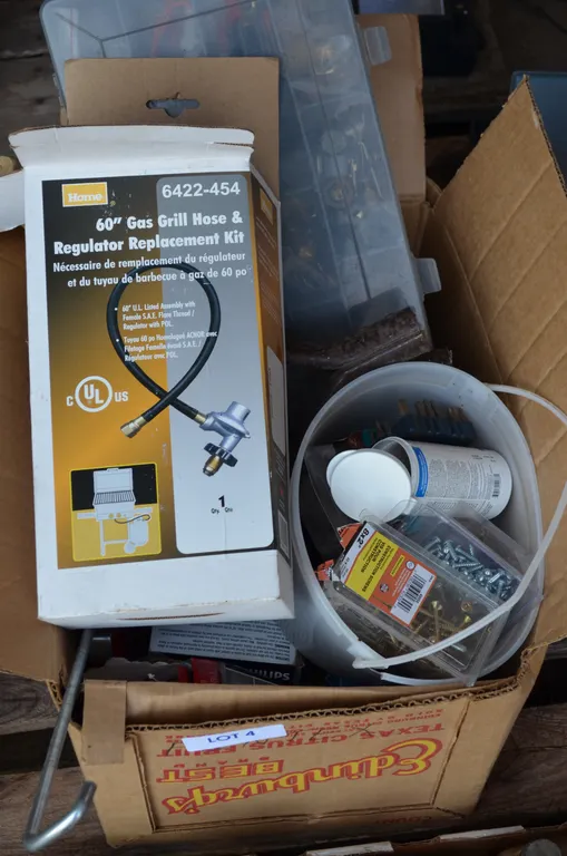 Screws, Caulking Gun, Bits, 60" Propane Hose, Can of Flex Seal, Box of Electrical