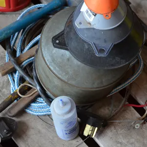 Assortment of Funnels, Small Axe, Hammer, Pry Bar, Small Cable and Rope