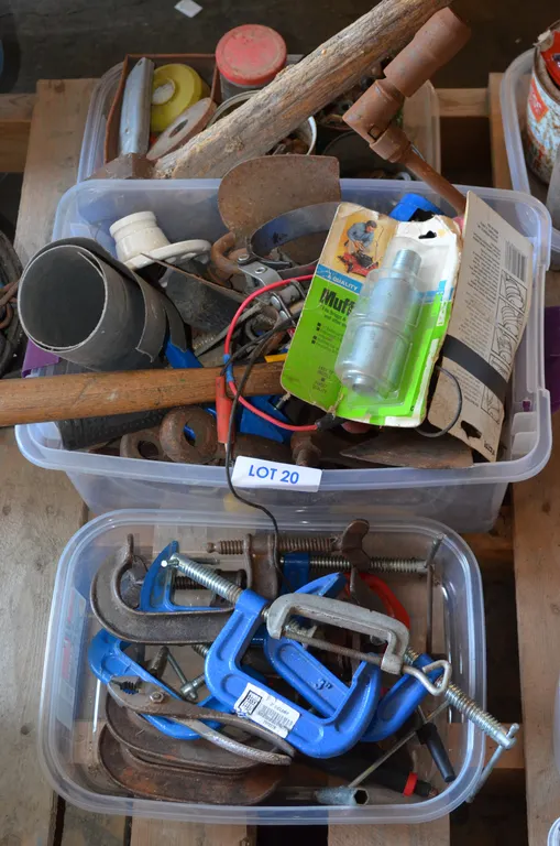 Large Assortment of C-Clamps, Container of Lock Washers, Oil Filter Wrench, Muffler, Rubber Mallet