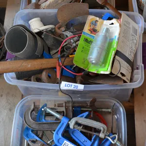 Large Assortment of C-Clamps, Container of Lock Washers, Oil Filter Wrench, Muffler, Rubber Mallet