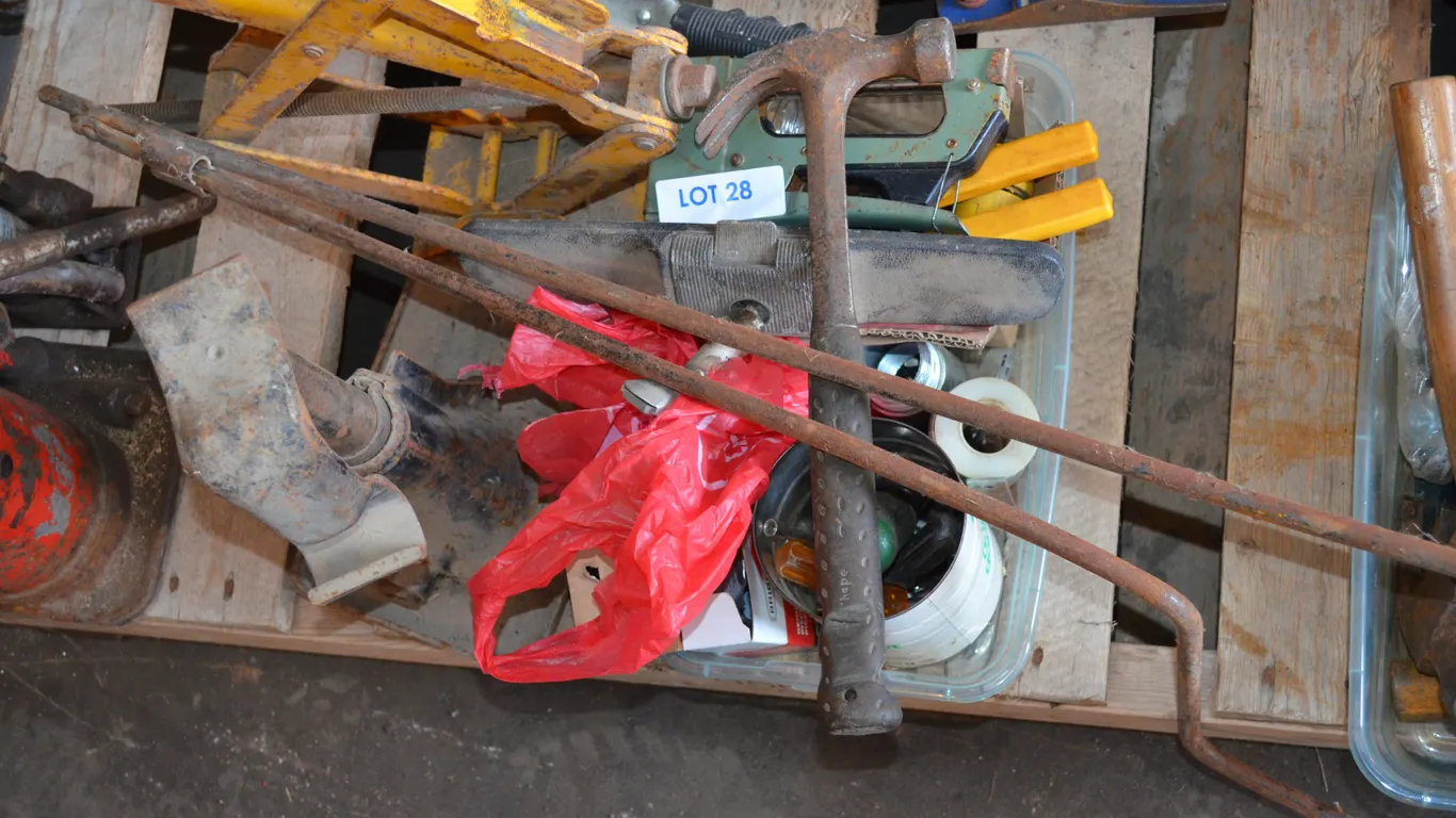 Yellow Scissor Jack, Automotive Jack, Stapler, Hammer