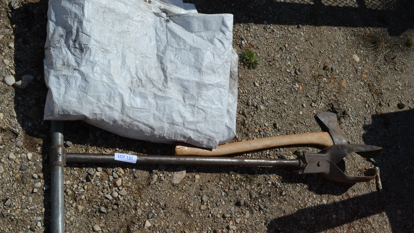 Post Hole Digger, Axe, Small Tarp 10' x 8'