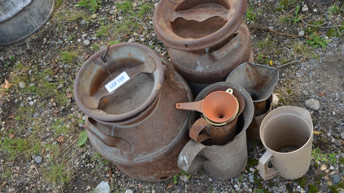 2 Cream Cans, Oil Funnels, 1 gal