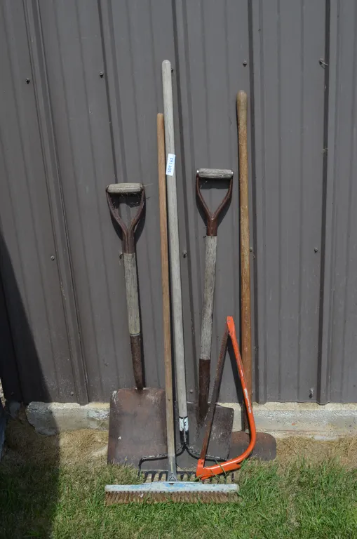 2 Shovels, Rake, Broom, Swede Saw, Edger