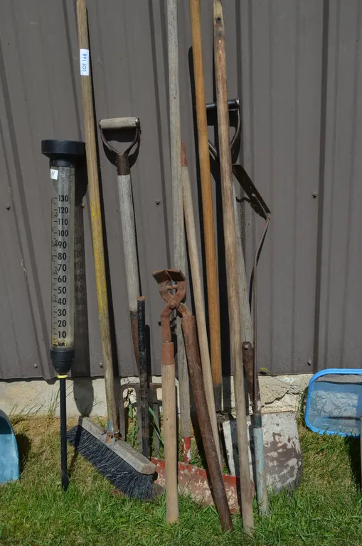 Rain Gauge, Potato Fork, Broom, Long Handle Hoof Trimmer, Grass Whip, Garden Cultivator
