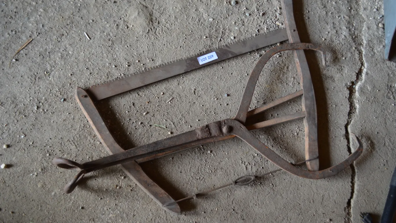 Antique Saw and Ice Tongs