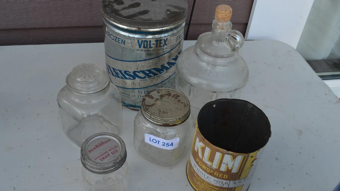 Antique Glass Containers and 2 Tins