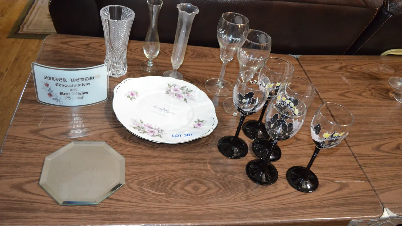 25th Anniversary Glasses, Vases, Anniversary Dish, Set of Black Wine Glasses