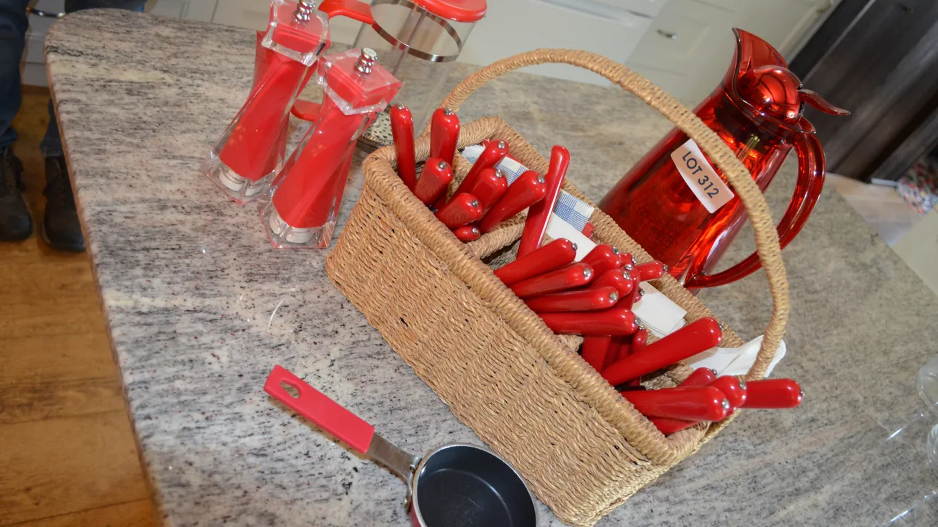 Red Coffee Decanter, Salt and Pepper, Coffee Press, Small Pan, Cutlery