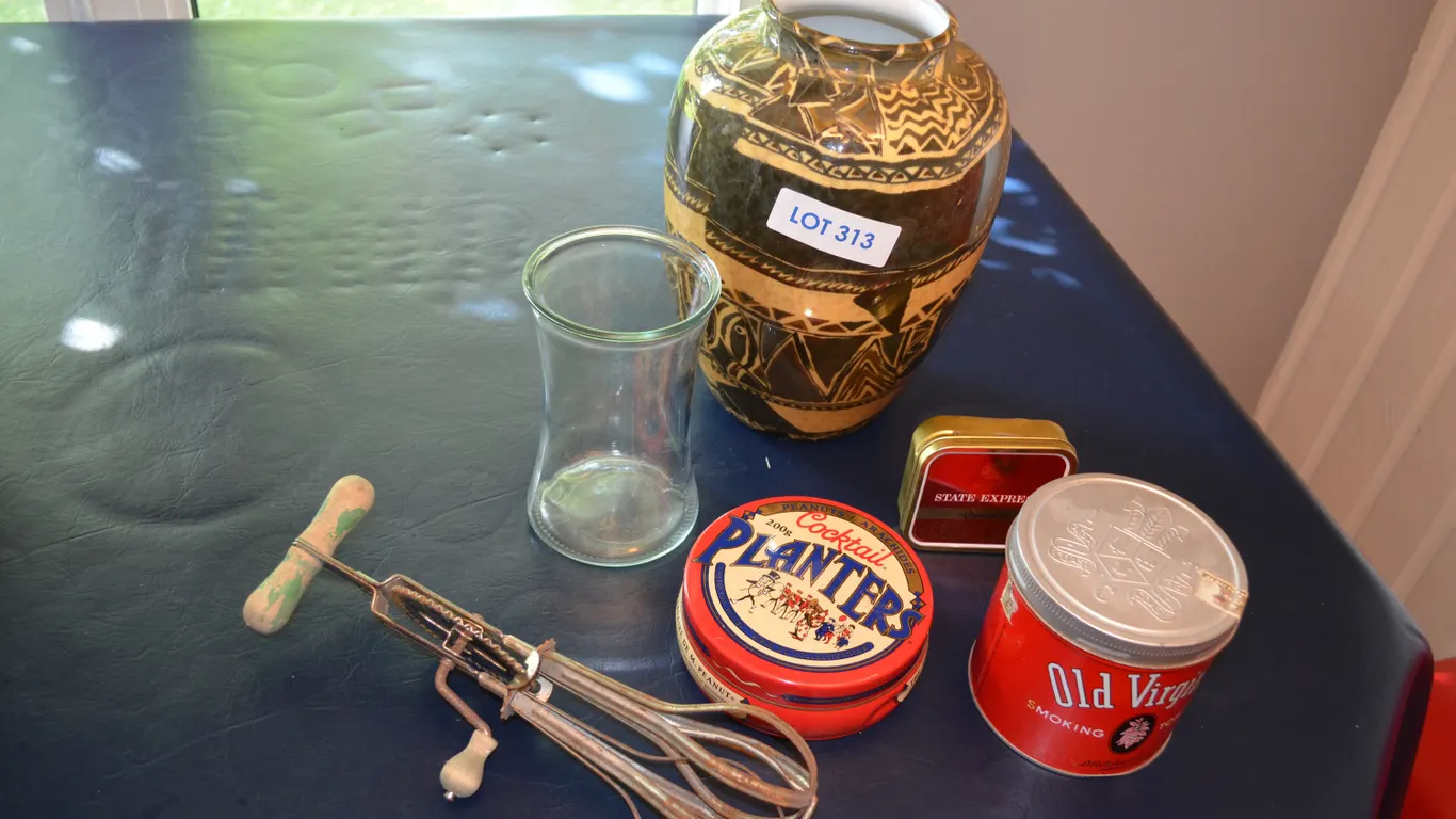 Vase, Decorative Tins, Antique Hand Mixer