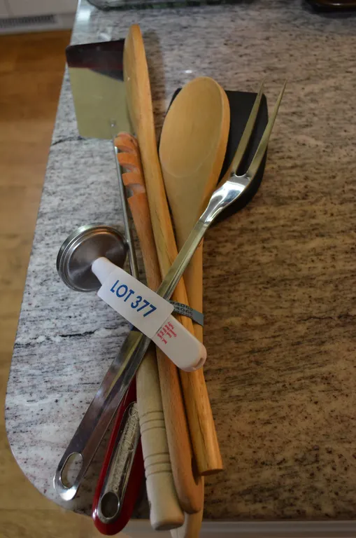 Variety of Kitchen Utensils, Spatula, Meat Fork, Mixing Wooden Spoons, Meat Thermometer