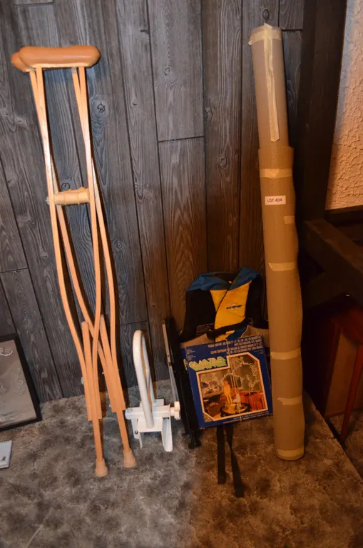 Crutches, Tub Bar, Music Stand, Glass Tiles, Life Jacket, Roll of Rubber Lining
