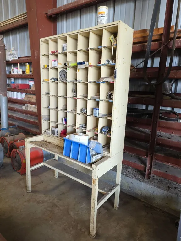 Steel parts organizer bench with contents