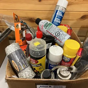 BRAID MASON TWINE, GORILLA TAPE, GLUE, TAPE MEASURE & OTHER ASSORTED SHOP FLUIDS