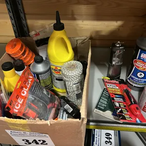 NEW/UNUSED TEFLON TAPE, 80/90 GEAR OIL, TAPE MEASURE, BRAID MASON TWINE, POWER STEERING FLUID, ETHER, BRAKE FLUID & MORE