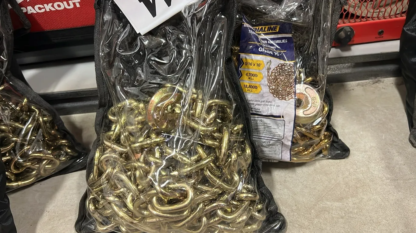2 - NEW/UNUSED DYNALINE GRADE 70 5 1/16"X20' CHAINS w/ HOOKS