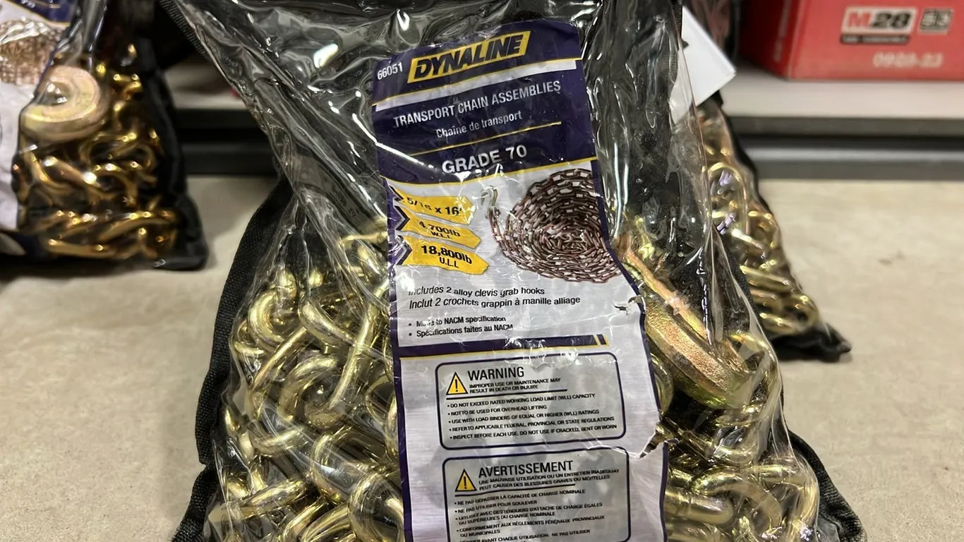 3 - NEW/UNUSED DYNALINE GRADE 70 5 1/16"X20' CHAINS w/ HOOKS