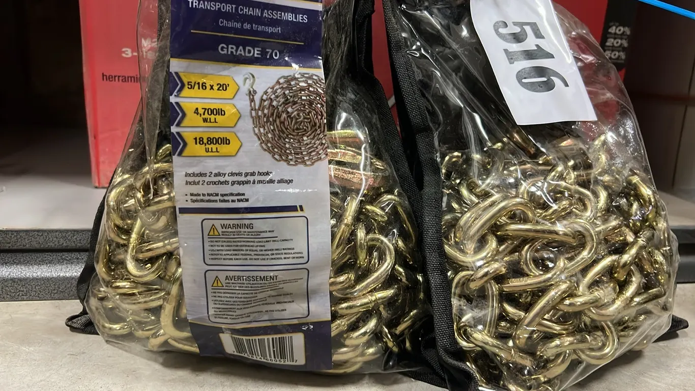 2 - NEW/UNUSED DYNALINE GRADE 70 5 1/16"X20' CHAINS w/ HOOKS