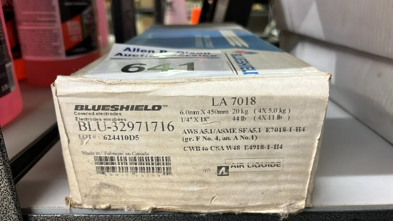 NEW/UNUSED BOX OF 1/4"X18" BLUE SHIELD LA 7018 WELDING ROD