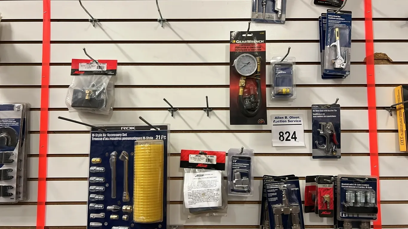 NEW/UNUSED M STYLE AIR ACCESS SET, M STYLE SWIVEL AIR LINE SPLITTER, SWIVEL 1/4" AIR SWIVEL CONNECTORS, BLOW GUNS, SAFETY VALVES, COMPRESSION TESTER &