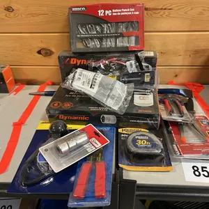 NEW/UNUSED SAE SOCKET SET 3/8" DRIVE, 20 PC METRIC SOCKET SET 3/8" DRIVE, 1/2" RATCHET, PRY BAR, 12 PC HOLLOW PUNCH SET, MEASURE TAPE, BATTERY TESTER 
