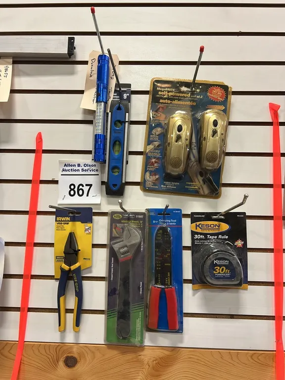 NEW/UNUSED POWER MEGA BRITE w/ AM/FM RADIO, CRESCENT WRENCH, PLIERS, LEVEL, TAPE MEASURE & WIRING CRIMPING TOOL