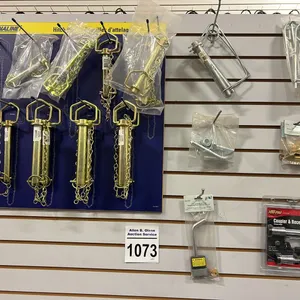 NEW/UNUSED DYNALINE HITCH PIN DISPLAY FORM 5/8" UP TO 1 1/4", SPRING LOCK PINS, SAFETY PINS, 1/2" LOCKING HITCH PIN, TRAILER COUPLER LOCKS & COUPLER  