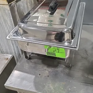 Stainless steel 4-piece chafing dish set. Includes lid with handle, food pan insert, water pan, and wire stand with dual fuel holder tray.