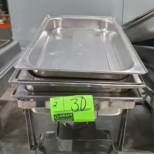 Stainless steel chafing dish sets. Each 3-piece set includes a lid with handle, pan, and stand with fuel holder tray.
