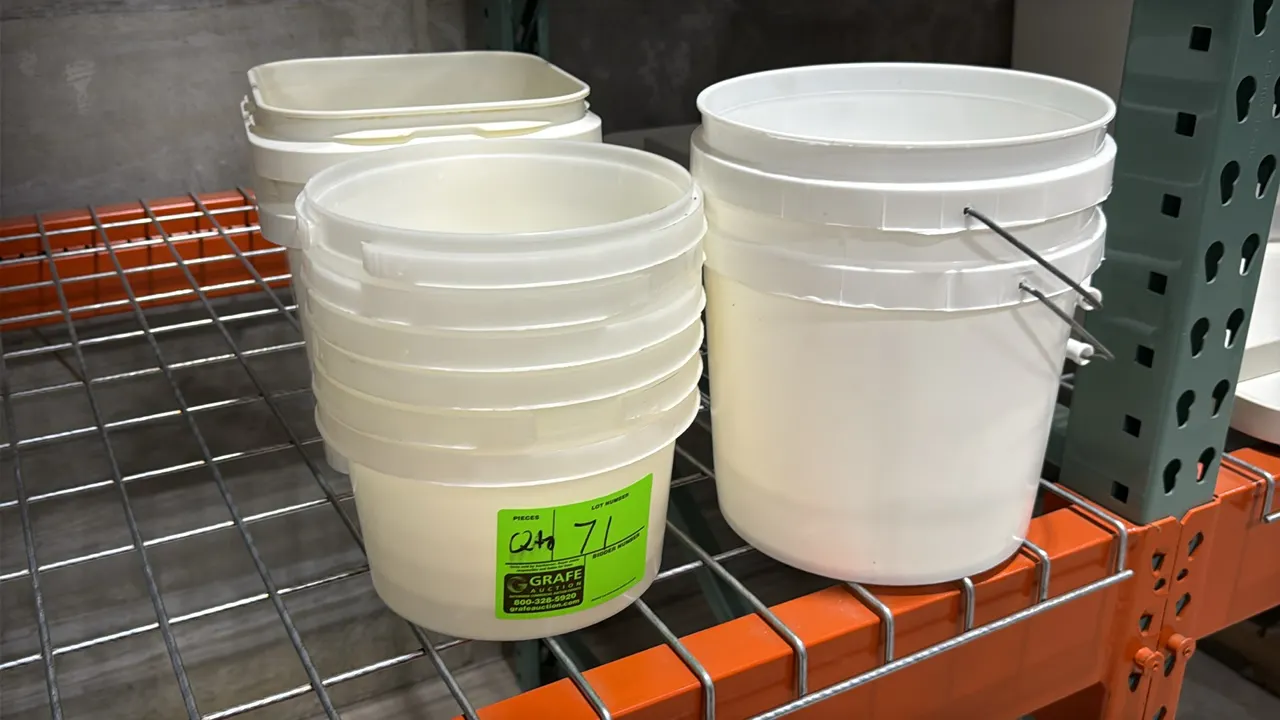 Assorted plastic containers and pails. Includes square poly tubs, round translucent buckets, and white plastic pails with wire bail handles.