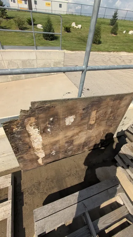 Plywood sheet. 3/4" thickness. 48" x 61". Note: Item is significantly weathered with rot and breakage along the corner.