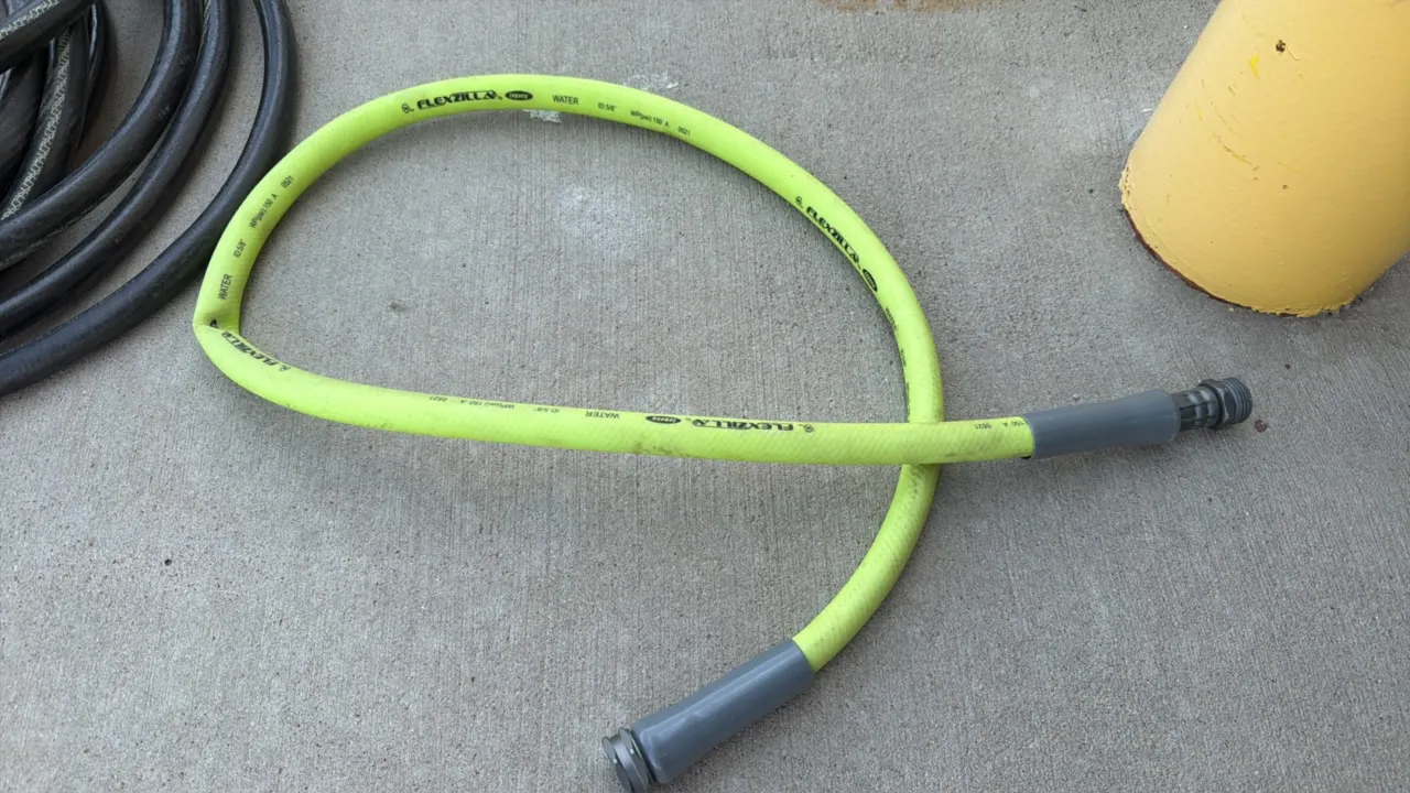 Legacy Flexzilla water hose. Features 5/8" inner diameter, flexible hybrid polymer construction, and male/female threaded fittings with strain relief