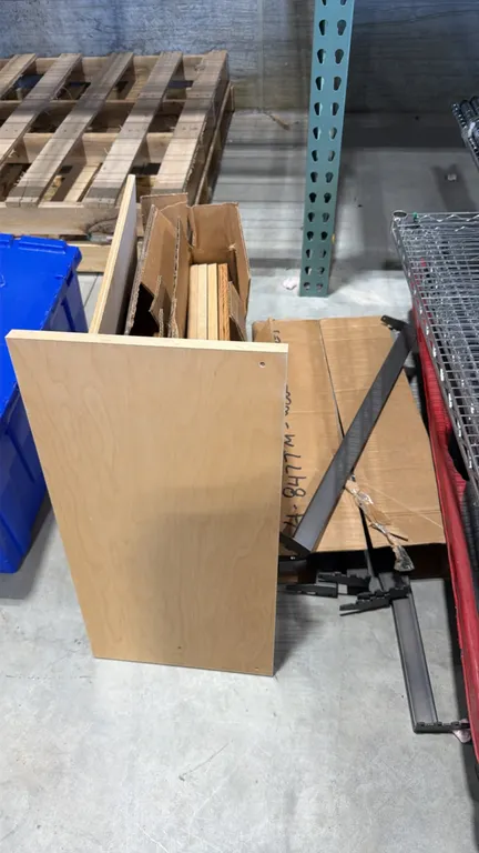 Wood laminate shelves. Features a light woodgrain finish. Includes metal mounting brackets. Dimensions: 24" x 12".
