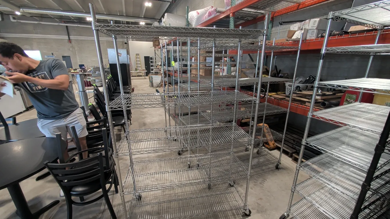 Metro-style 5-tier chrome wire shelving rack. Features adjustable wire shelves and NSF certification. 18" x 48" x 76"H. Mounted on swivel casters.