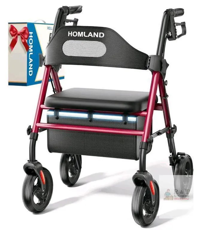 HOMLAND R2 Rollator Walker, Carbon Steel Frame, 350 lb Capacity, Adjustable Seat & Handle Heights