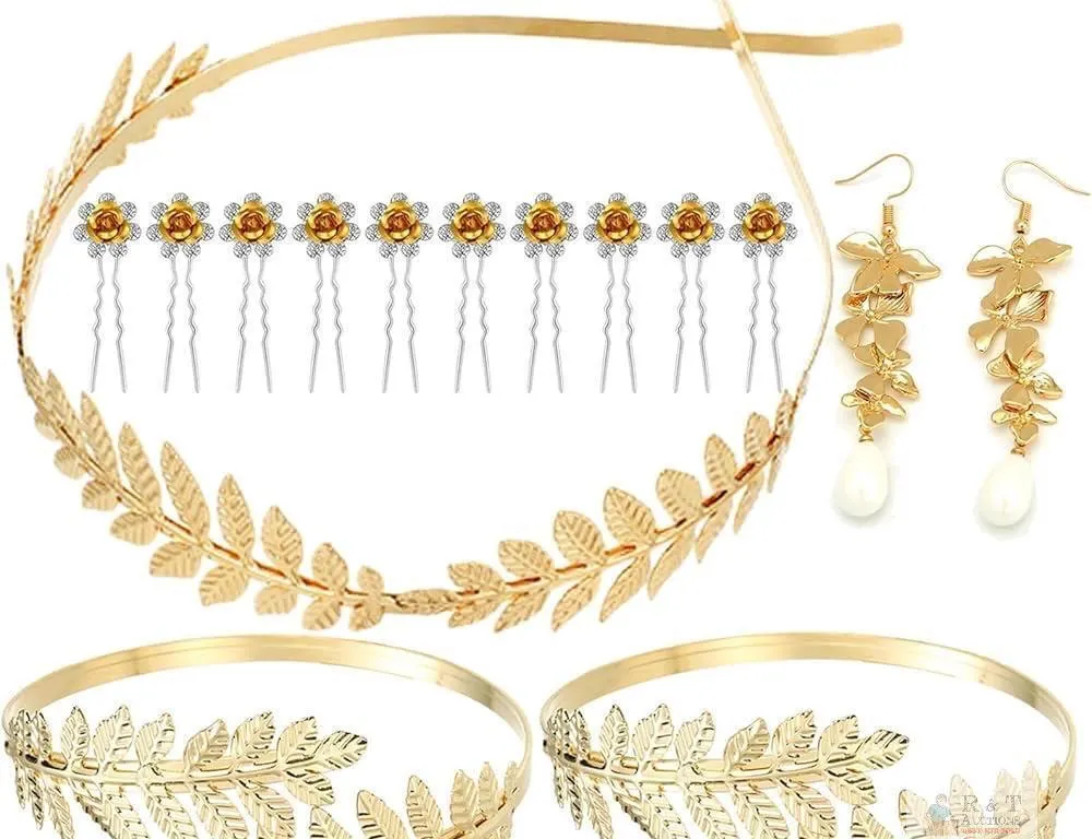 Elegant Gold-tone Leaf Bridal Jewelry & Hair Accessories Set with Headband, Bracelets, Earrings, and Hair Pins