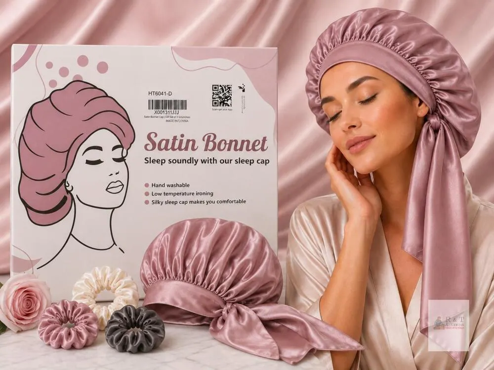 NEW Dusty Rose Satin Bonnet Sleep Cap with 3 Satin Scrunchies, Silky Hair Protection Set