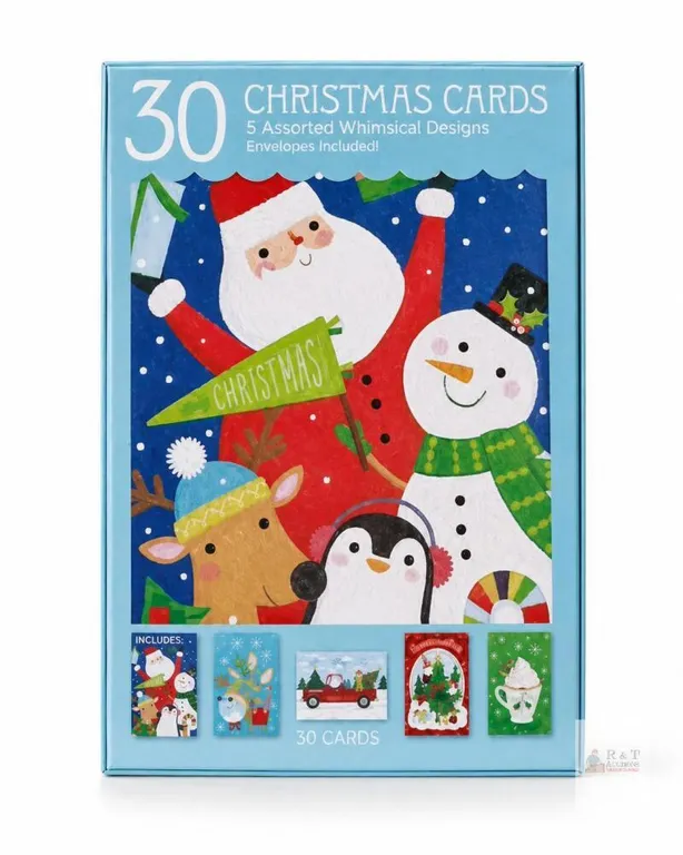 30 Assorted Whimsical Christmas Cards with Envelopes – 5 Designs