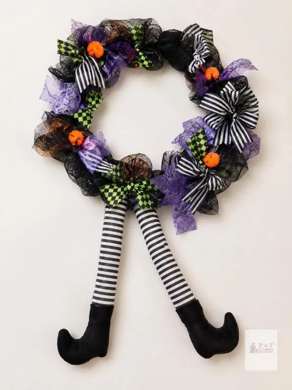 Halloween Witch Legs Decorative Wreath with Striped Ribbons & Boots