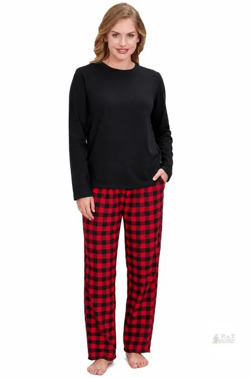 New SM Pajamas Set, Cotton Long Sleeve Crew Neck Top w Buffalo Plaid Pants