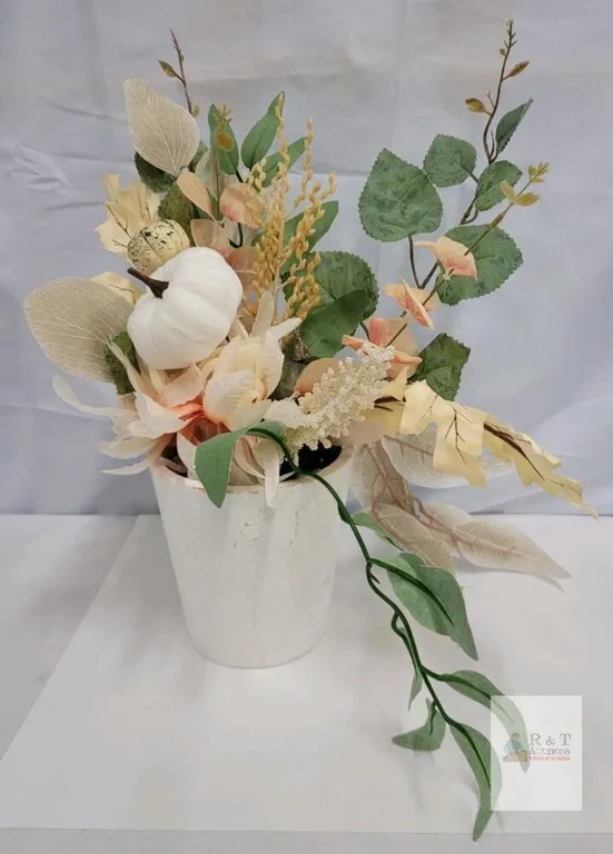 Artificial Fall Harvest Floral Arrangement with White Pumpkin in White Vase, 18" Tall