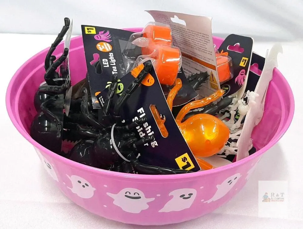 Assorted Halloween Decorations Lot: LED Tea Lights, Flashing Spiders, Glow Necklaces, Large Spiders