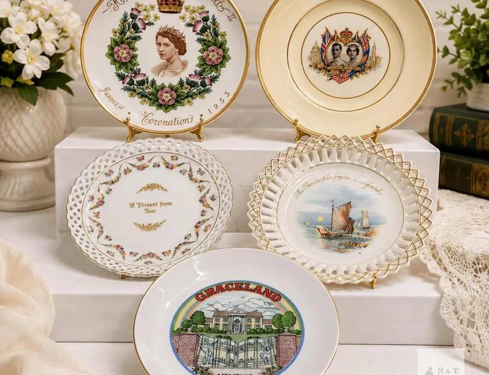 Commemorative Decorative Plates Featuring Queen Elizabeth II, Graceland, and UK Landmarks