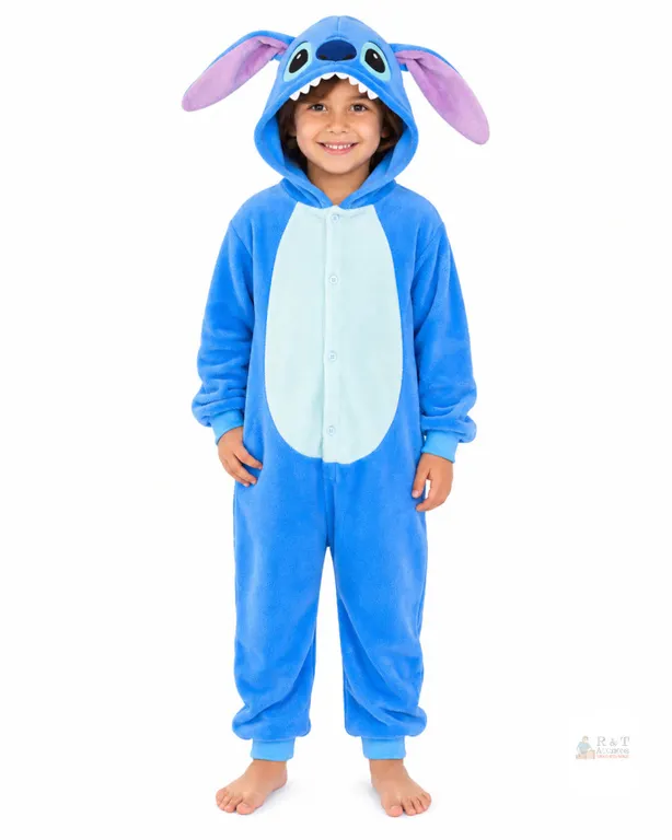 NEW Size 140 Kids’ Blue Stitch-Style Character Onesie Pajamas & Costume, Approx. 9–10 Yrs / 135–145 cm, Hooded Plush One-Piece with Rear Access Zi
