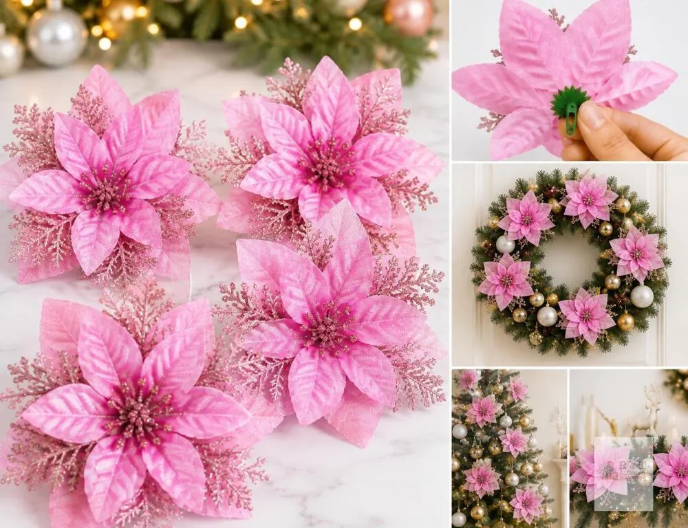 New 20PCS Christmas Flowers Artificial with Clip, Christmas Poinsettia Flowers with Glitter Powder Decorations for Christmas Tree Garland Christmas Wr