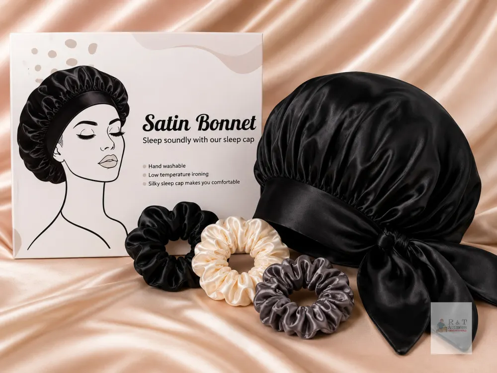 NEW Black Satin Bonnet Sleep Cap with 3 Satin Scrunchies, Silky Hair Protection Set