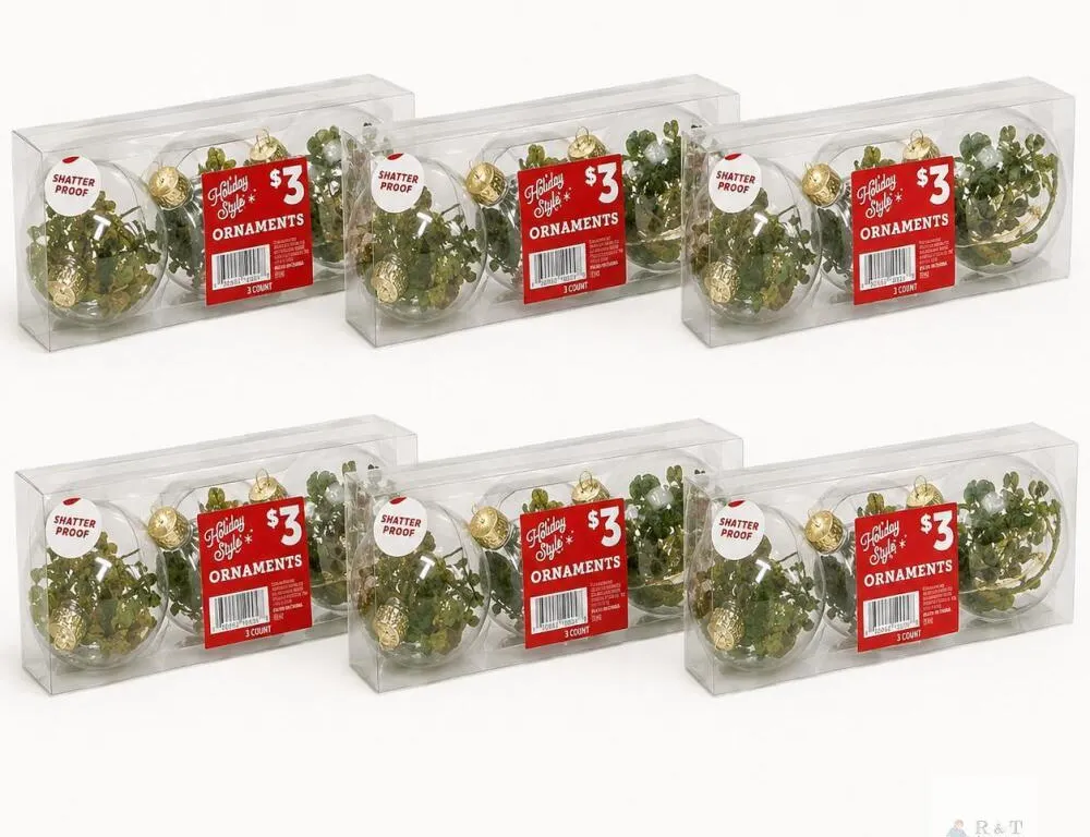 Set of 18 Shatterproof Greenery-Filled Christmas Ball Ornaments – 6 Packs of 3