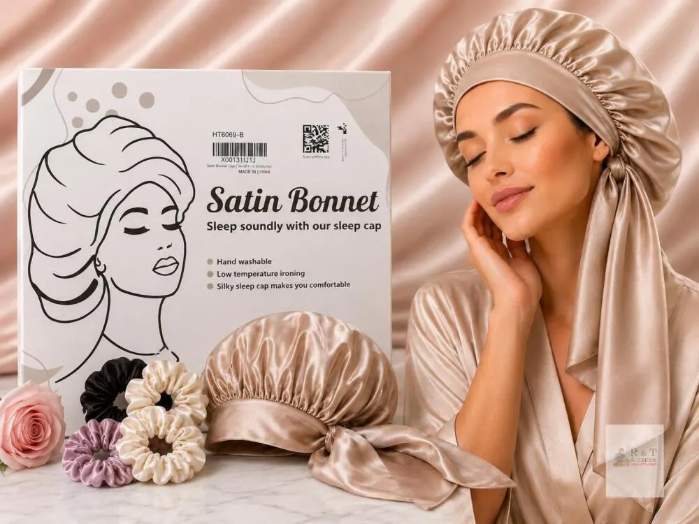 NEW Champagne Satin Bonnet & Assorted Satin 3 pc Scrunchie Set, Silky Sleep Cap Hair Accessories