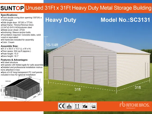 2026 SUNTOP SC3131 31 ft x 31 ft Double Garage Metal Storage Building (Unused)