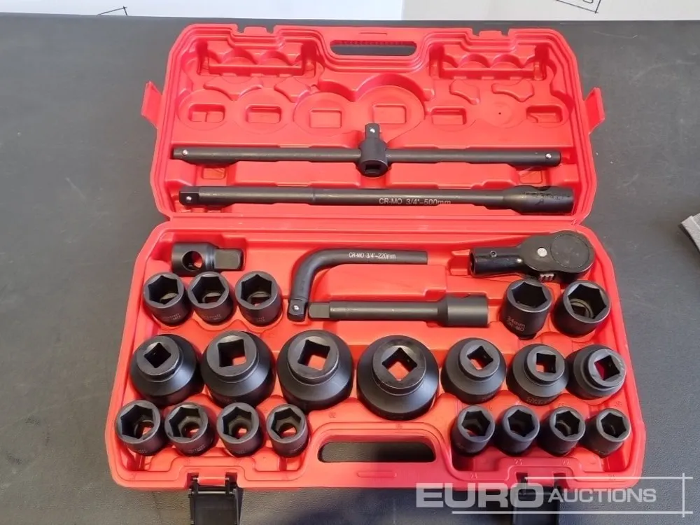 Unused 2026 Boss 3/4" 26pc Heavy Duty Pneumatic Socket Set, 4" Connecting Rod, 8" Connecting Rod Quick Ratchet Wrench, 20" Sliding Road, L Handle Slid